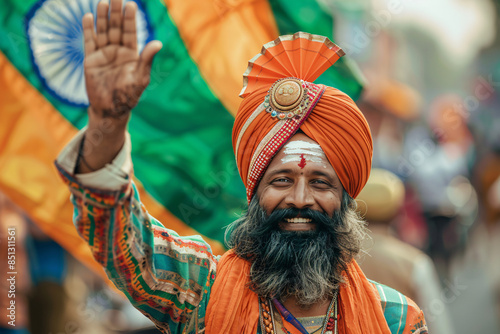Indian sadhu with orange turban and tilak smiling and waving in front of indian flag photo