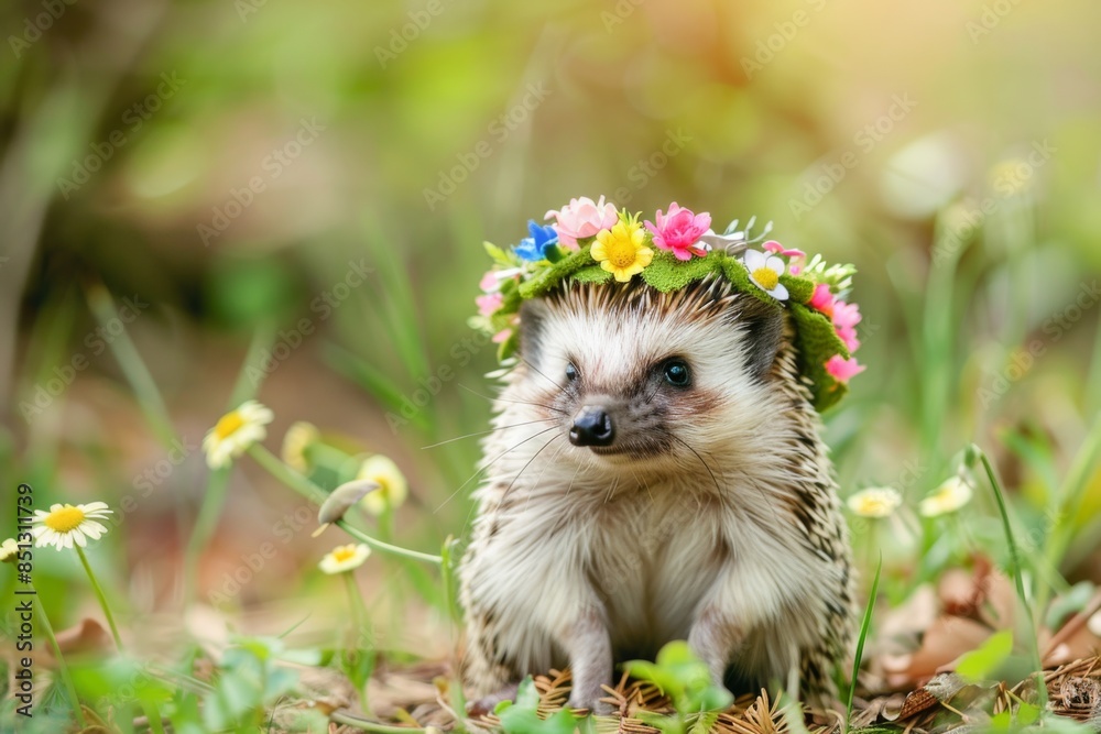 Obraz premium A hedgehog wearing a flower crown is sitting in a field of flowers