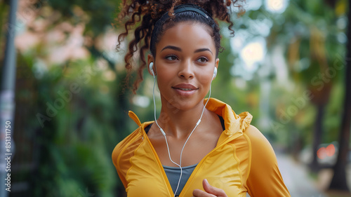 A woman smiling in a park, surrounded by nature and happiness