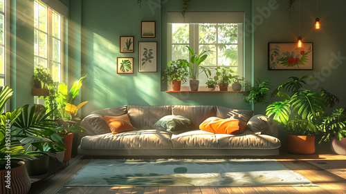 Contemporary living room interior with a view, featuring stylish furniture and cozy decor