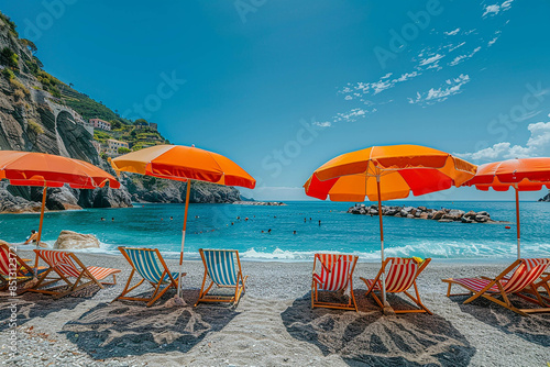 Fototapeta Naklejka Na Ścianę i Meble -  Photo of Vernazza beach in Cinque Terre, Italy with colorful umbrellas and chairs on the shore overlooking an isolated rock formation, clear blue water, sunny day, picturesque landscape, in the style 