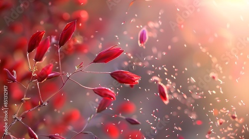 Red flower pods flying in the air photo