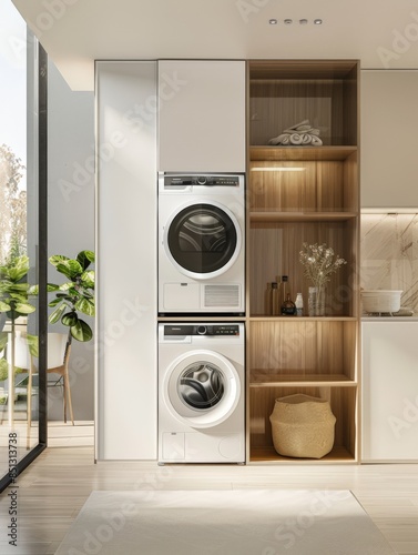 A modern laundry room with a vertically stacked washing machine and dryer inside white cabinets