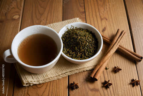 Hot tea with cinnamon stick and anise on a textured wooden background