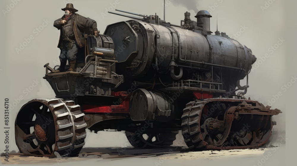 Naklejka premium Vintage steam locomotive moving, highlighting historical significance in transportation heritage