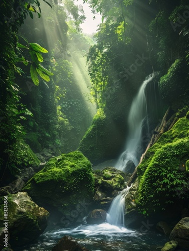 Water fall between large rocks covered in moss in dense rainforest environment © robfolio