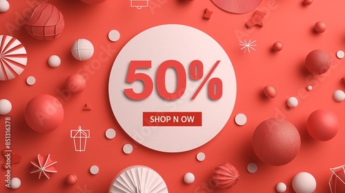 Capture a bold sale promotion banner with vibrant red and white colors, featuring a large '50% OFF' text, and a call to action 'Shop Now' button. photo