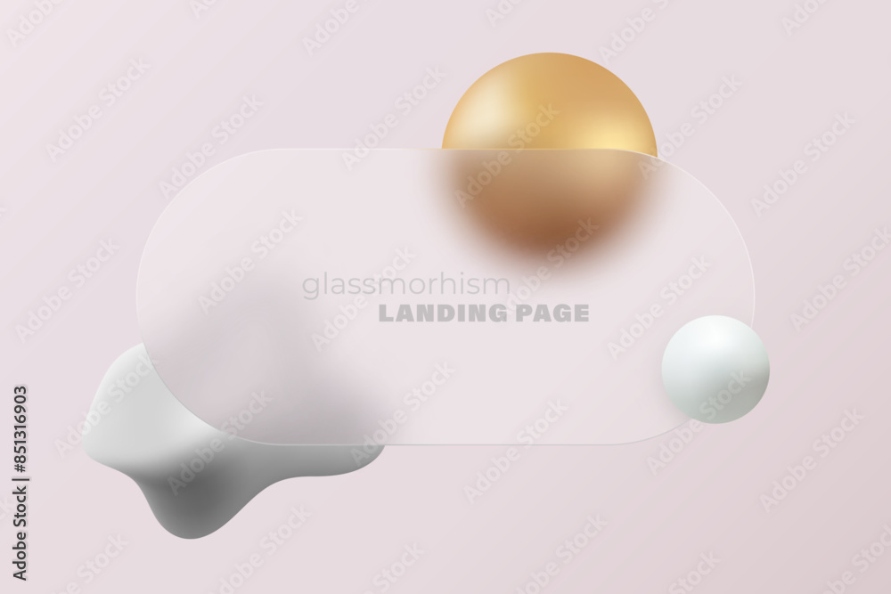 Website landing page template in glass morphism style. Horizontal presentation screen with the effect of glass overlay on gold and white spheres. Website landing page template in glass morphism style. Horizontal presentation screen with the effect of glass overlay on gold and white spheres.