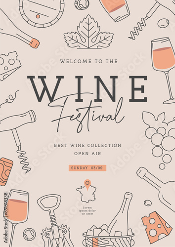 Wine festival party poster with wine attributes. Line art vector illustration