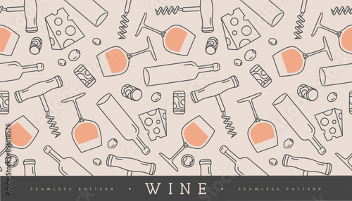 Seamless pattern with wine glasses, wine bottles, cheese, corkscrew and cork. Vector illustration