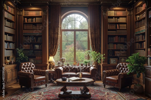 Traditional English study with built-in bookshelves and leather armchairs