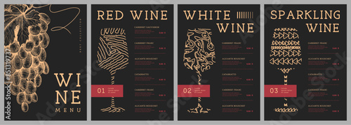 Restaurant wine menu design with wine glasses  and grapes.  Vector illustration