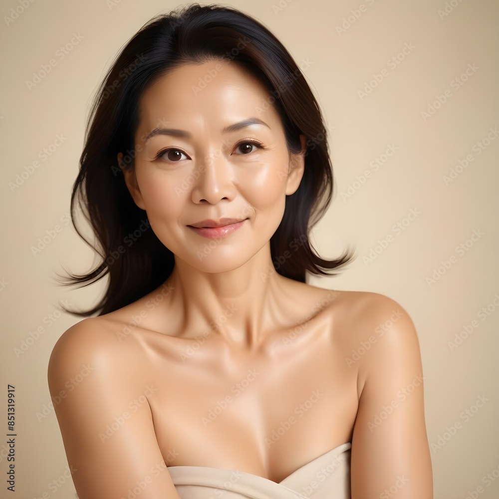Portrait of a middle aged chinese woman with a luminous, bright glowing complexion accentuated by the effects of recent facial or beauty treatment, placed on a plain beige backdrop Portrait of a middle aged chinese woman with a luminous, bright glowing complexion accentuated by the effects of recent facial or beauty treatment, placed on a plain beige backdrop