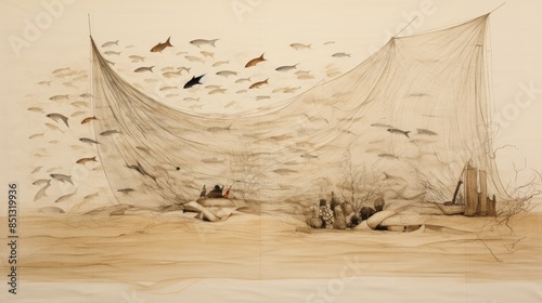 Sea's Bounty Sorted by Fishermen, Beige Background, Biblical Scene of the Net Parable,Christian banner
