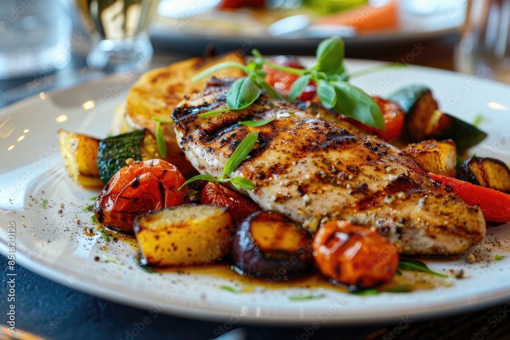 A plate of grilled chicken and roasted vegetables served on a clean, white plate A plate of grilled chicken and roasted vegetables served on a clean, white plate