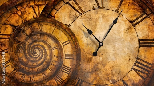An old vintage clock face with a spiral effect representing the infinite spiral of time