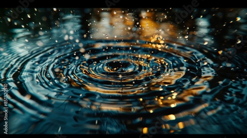 Raindrops creating ripples on the surface of dark water, captured in intricate detail