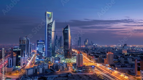 During the blue hour, the KAFD buildings in Riyadh, Saudi Arabia, stand out