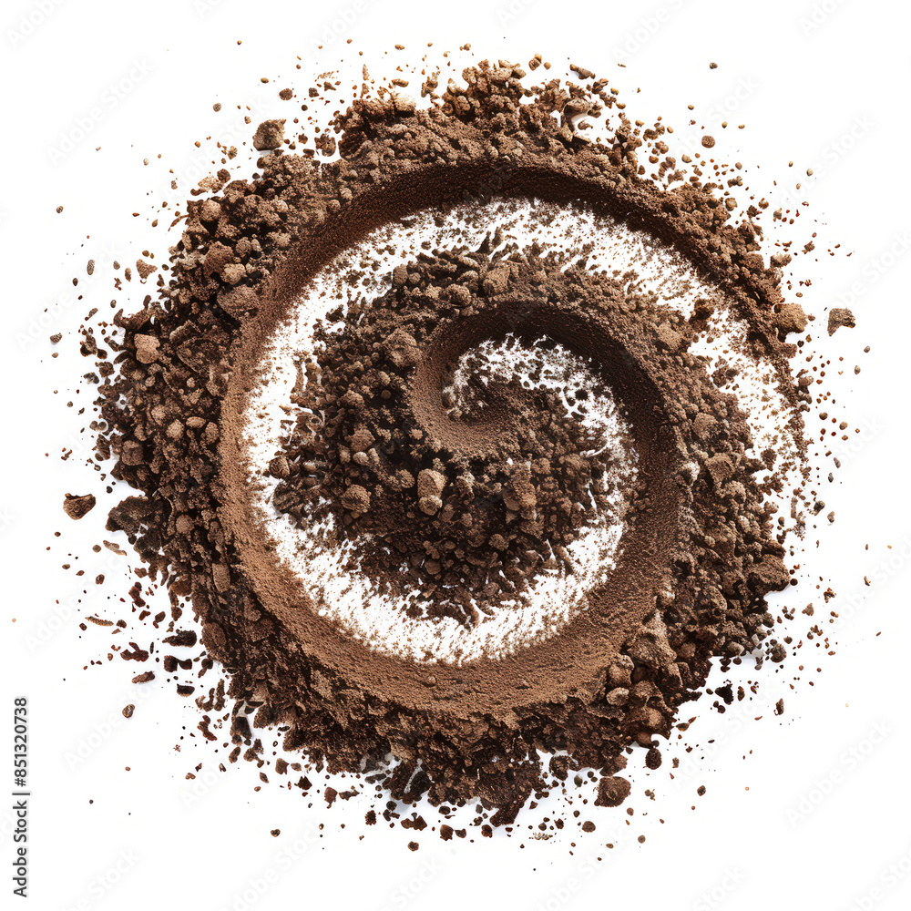 Isolated dirt clump, with scattered soil particles forming a spiral pattern around it, on a white background Isolated dirt clump, with scattered soil particles forming a spiral pattern around it, on a white background