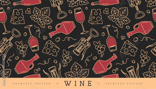 Seamless pattern with wine glasses, wine bottles, cheese, corkscrew and grapes. Vector illustration