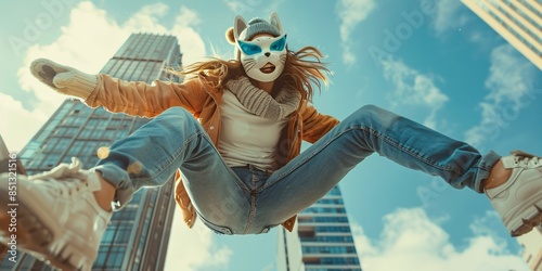 A teenage girl dressed as a feline, performing cat-like jumps with gloved hands in a Quadrobics routine. Therian movement. photo