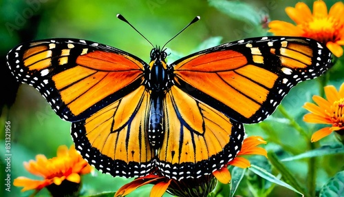 Detailed photograph of a monarch butterfly with its wings fully spread, resting on bright orange flowers. The intricate patterns on the butterfly. AI Generation