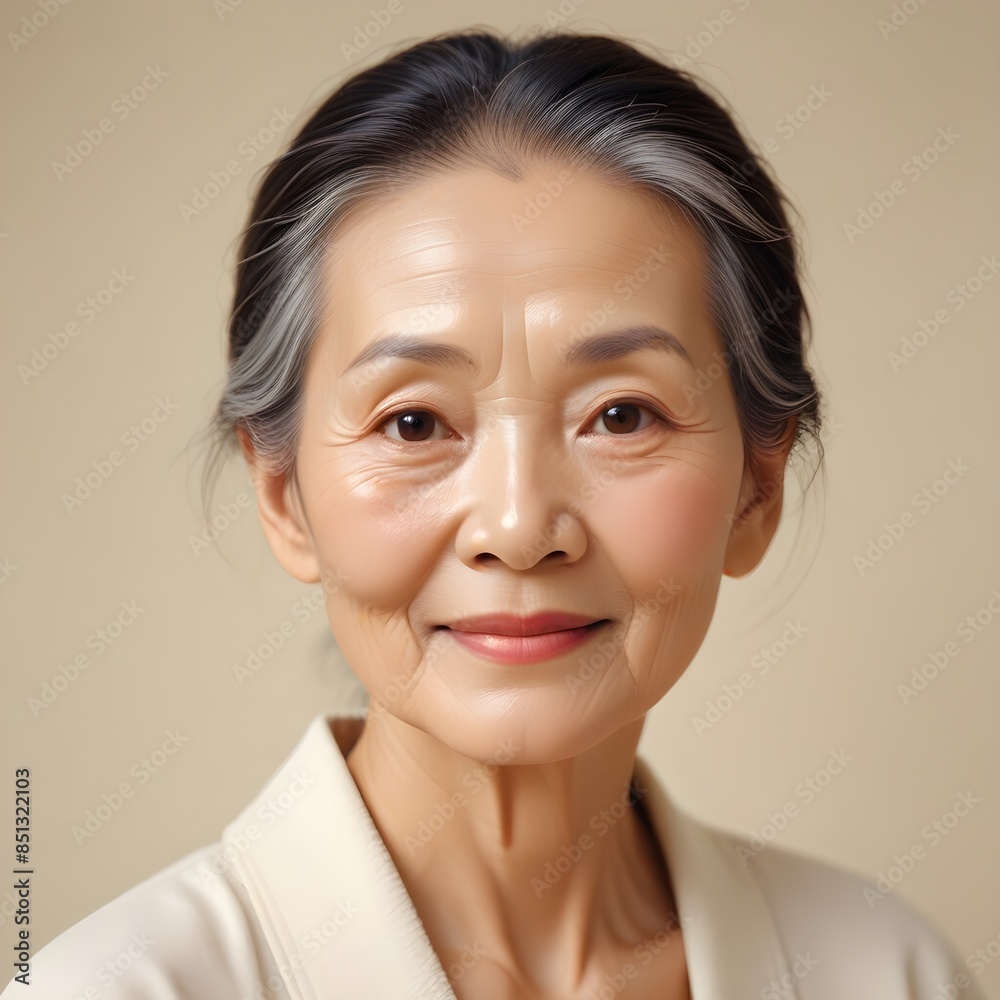 Portrait of an elderly chinese woman with a luminous, bright glowing complexion accentuated by the effects of recent facial or beauty treatment, placed on a plain beige backdrop Portrait of an elderly chinese woman with a luminous, bright glowing complexion accentuated by the effects of recent facial or beauty treatment, placed on a plain beige backdrop