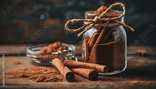 Ground cinnamon, cinnamon sticks, tied with jute rope on old wooden background in rustic style photo