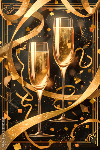 Elegant Party Poster with Champagne Glasses and Golden Ribbons