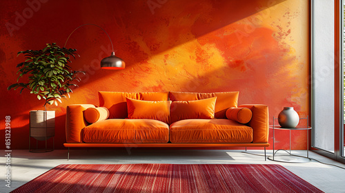 Interior of a modern living room with an orange sofa and chic décor, contemporary home design and stylish interior inspirations, Generative AI © Xpert