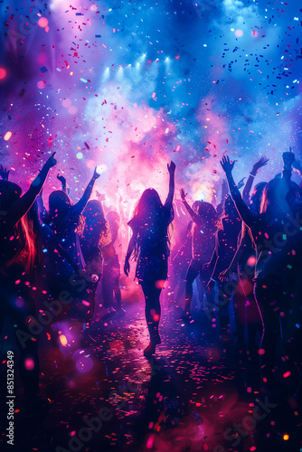 Vibrant Neon Party Poster with Dancing Crowd and Confetti