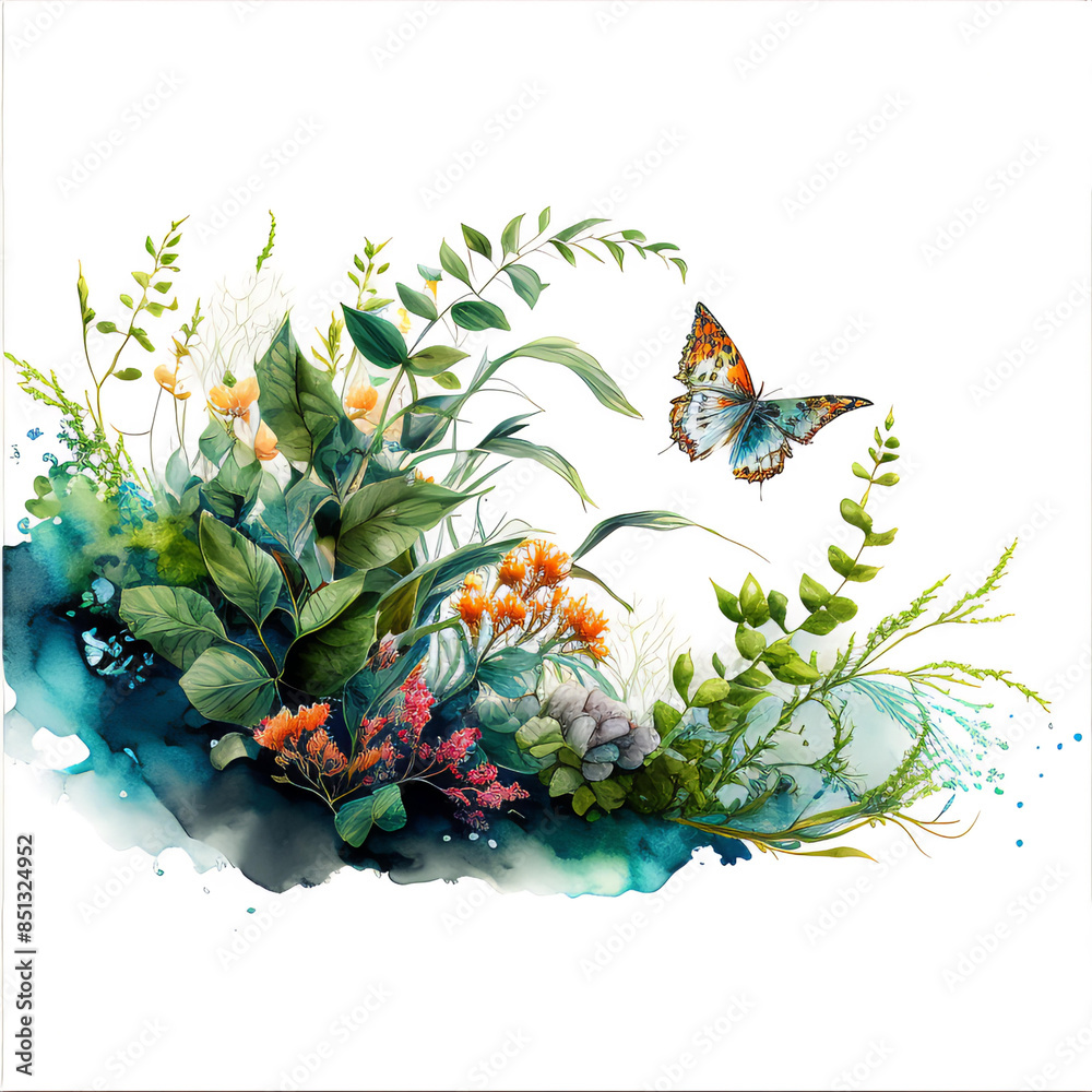 Obraz premium There is a butterfly that is flying over some flowers on a white background