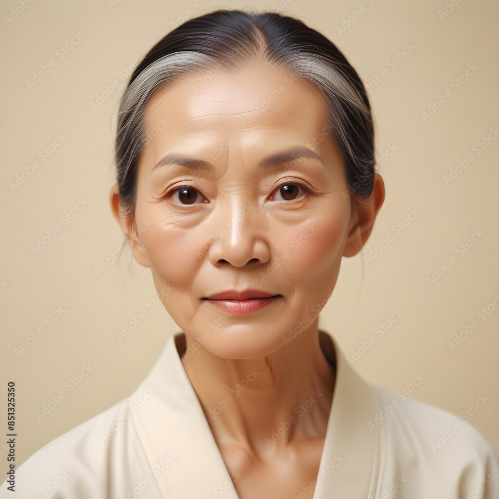 Portrait of an elderly chinese woman with a luminous, bright glowing complexion accentuated by the effects of recent facial or beauty treatment, placed on a plain beige backdrop Portrait of an elderly chinese woman with a luminous, bright glowing complexion accentuated by the effects of recent facial or beauty treatment, placed on a plain beige backdrop