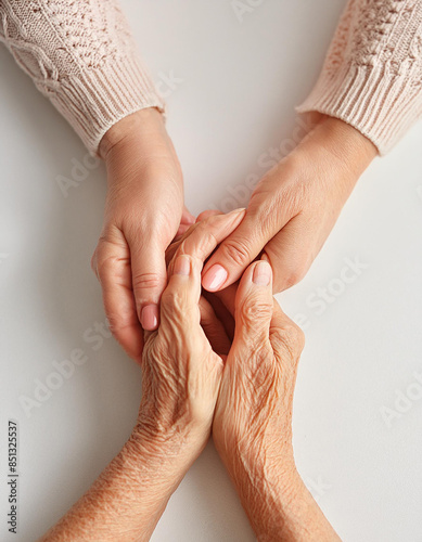 Two hands. A young woman holds the hand of an older woman. Caregiver at home.