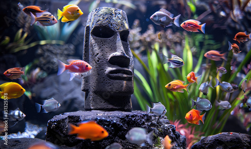 Easter Island Statue Decoration in Fish Tank with Colorful Fish, tank scaping photo