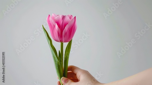 A person holding a pink tulip in their hand. © VISUAL BACKGROUND