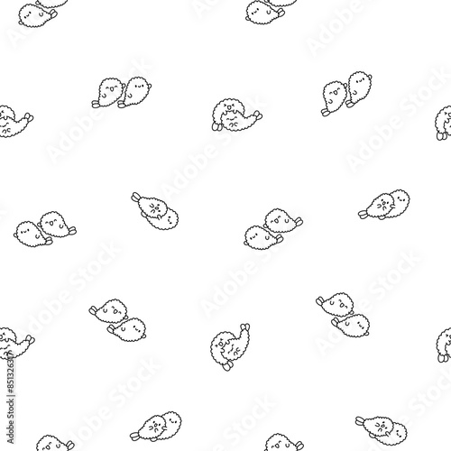 Funny tempura shrimp characters. Seamless pattern. Coloring Page. Cute cartoon japanese food. Hand drawn style. Vector drawing. Design ornaments.