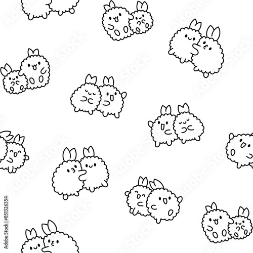 Cute couple fried shrimp tempura. Seamless pattern. Coloring Page. Japanese food characters. Hand drawn style. Vector drawing. Design ornaments.