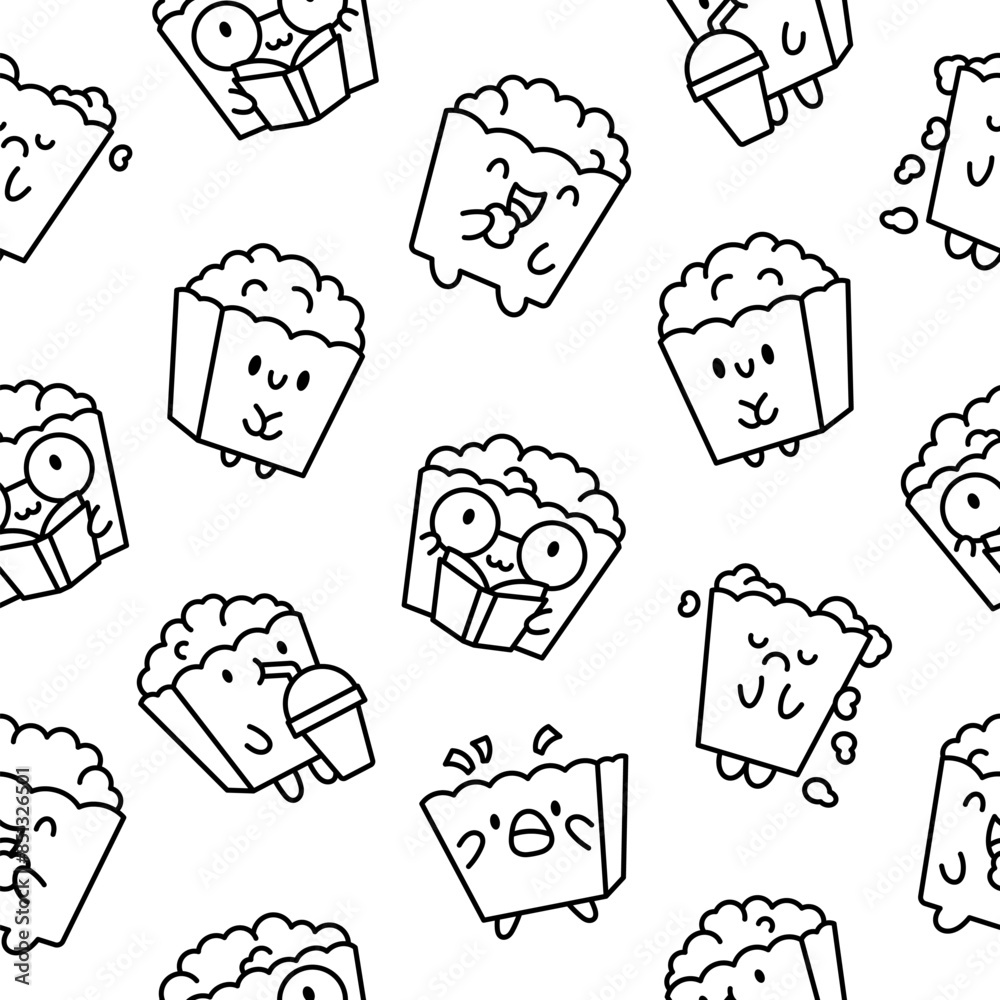 Cute kawaii popcorn character. Seamless pattern. Coloring Page. Cartoon ...