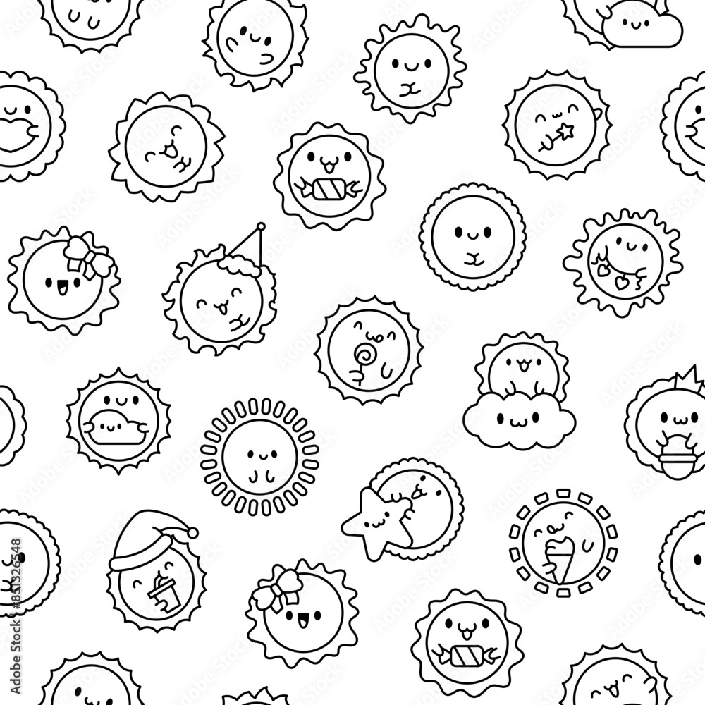 Cute Kawaii Sun With Face Seamless Pattern Coloring Page Cartoon cute-kawaii-sun-with-face-seamless-pattern-coloring-page-cartoon
