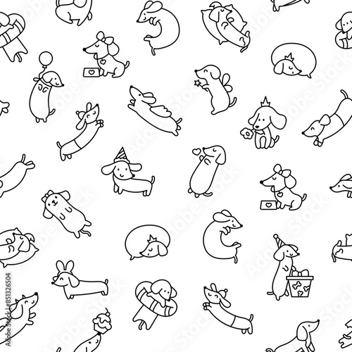 Happy kawaii dachshund. Seamless pattern. Coloring Page. Cute cartoon dog characters. Hand drawn style. Vector drawing. Design ornaments.