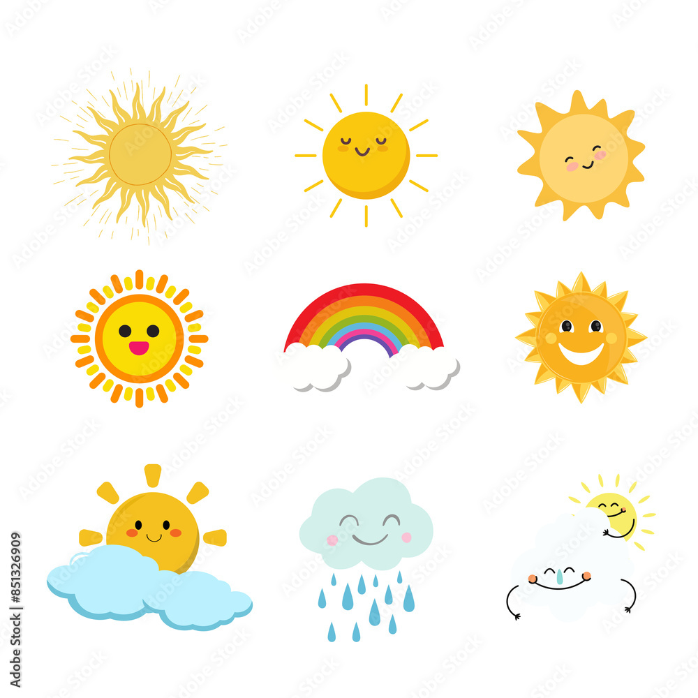 Koleksi ilustrasi kartun matahari, pelangi, awan Koleksi ilustrasi kartun matahari, pelangi, awan