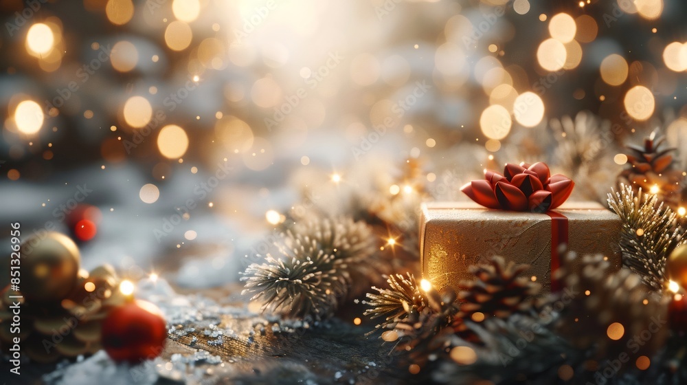 christmas winter blurred background with giftbox and garland lights with golden bokeh. christmas winter blurred background with giftbox and garland lights with golden bokeh.