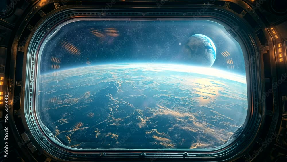 Spacecraft window with a breathtaking view of outer space. Seamless looping time-lapse animation background
