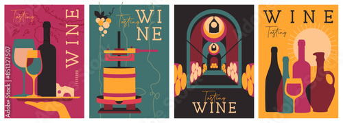 Set of modern magazine covers or posters with wine bottles and glasses. Restaurant abstract flat menu design. Wine tasting. Vector illustration