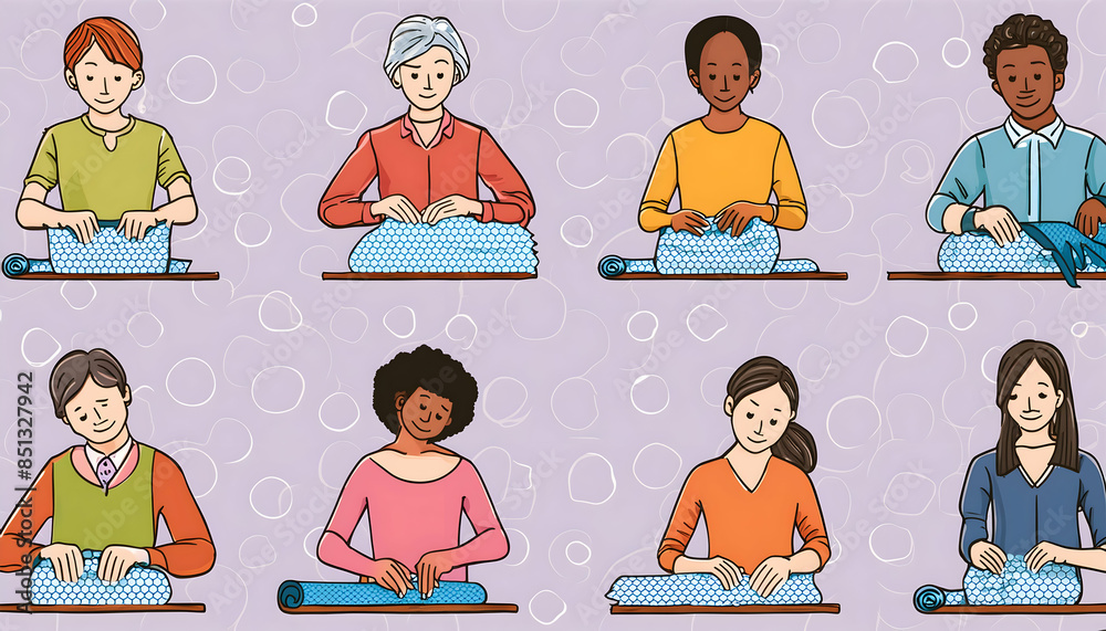 Abstract Individuals wrapping items in bubble wrap on digital art concept.