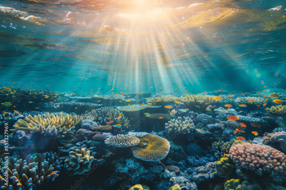 Obraz premium underwater coral reef with colorful fish and sea plants, sunlight rays shining through the water surface