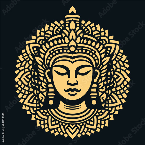 Creative Solid Golden, Goddess woman very beauty with Asian features traditional, vector flat dark background