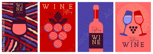 Set of modern magazine covers or posters with wine bottles and glasses. Restaurant abstract flat menu design. Wine tasting. Vector illustration