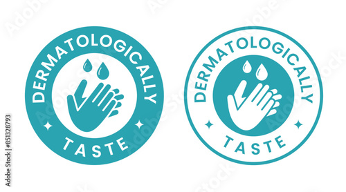 Dermatologically tested vector label logo. Dermatology test and dermatologist clinically proven icon for allergy free and healthy safe product package tag